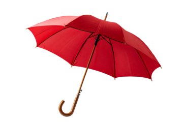 Red classic umbrella with wooden handle on white background
