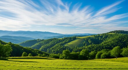 Fototapeta premium Vast green rolling hills and valleys under a dramatic sky with wispy clouds, showcasing the beauty of nature and rural landscape