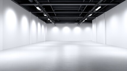 Spacious, well-lit exhibition hall with white walls and polished concrete floor, ideal for art displays