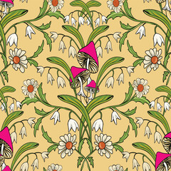 Groovy 1970s Daisies, Mushrooms, and lily of the valley in symmetrical vertical composition. Seamless Pattern Retro Floral Vector Design. Joy of Summer 1970 vector pattern collection.