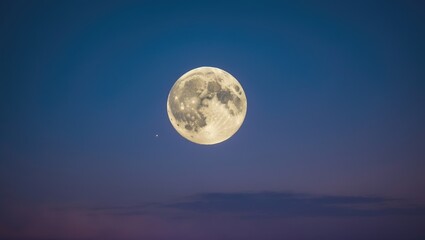 Full moon night with visible moon surface details and a small star nearby. Celestial and astronomical theme. Night sky and space exploration. The concept of lunar observation.