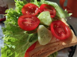 Homemade sandwich. Homemade sandwich with vegetables. Sandwich with tomato, cucumber and lettuce. Vegetarian sandwich. Natural healthy sandwich. Homemade sandwich