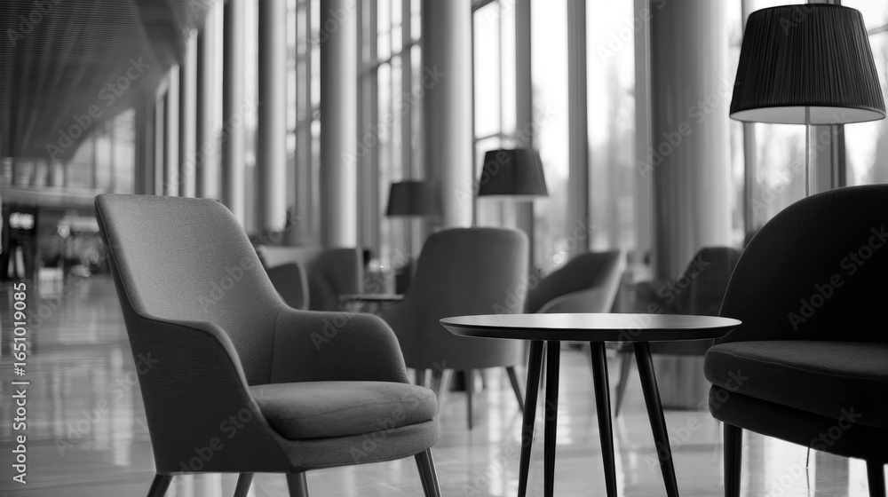 Poster modern minimalist lounge area featuring stylish chairs and tables with large windows in the backgrou