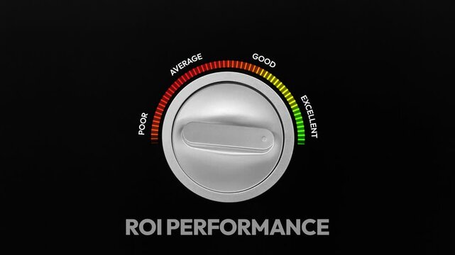 Excellent Return on Investment showing by the knob turning to green close up, 4k footage. Money, growth, revenue, business, roi.