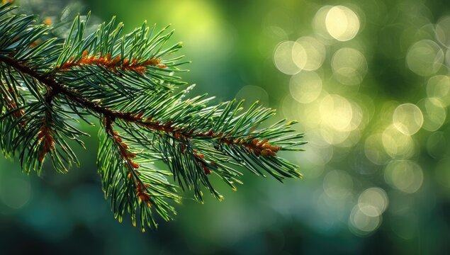 Close-up of a pine branch in sunlight