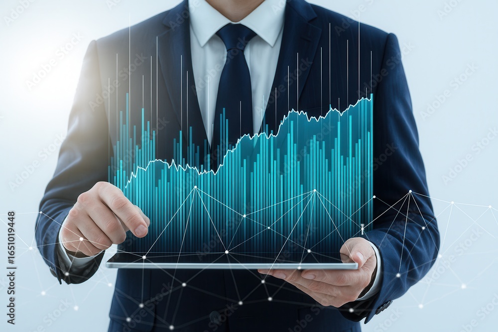 Aufkleber businessman analyzing stock data with tablet,financial performance graph and data visualization,inve