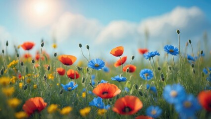 Obraz premium Colorful wildflowers in a field with bright sunlight and a blue sky. Spring and nature scene. Blooming flowers and greenery. The scene of vibrant flora and clear weather.