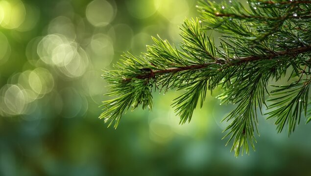 Close-up of a pine branch with morning dew