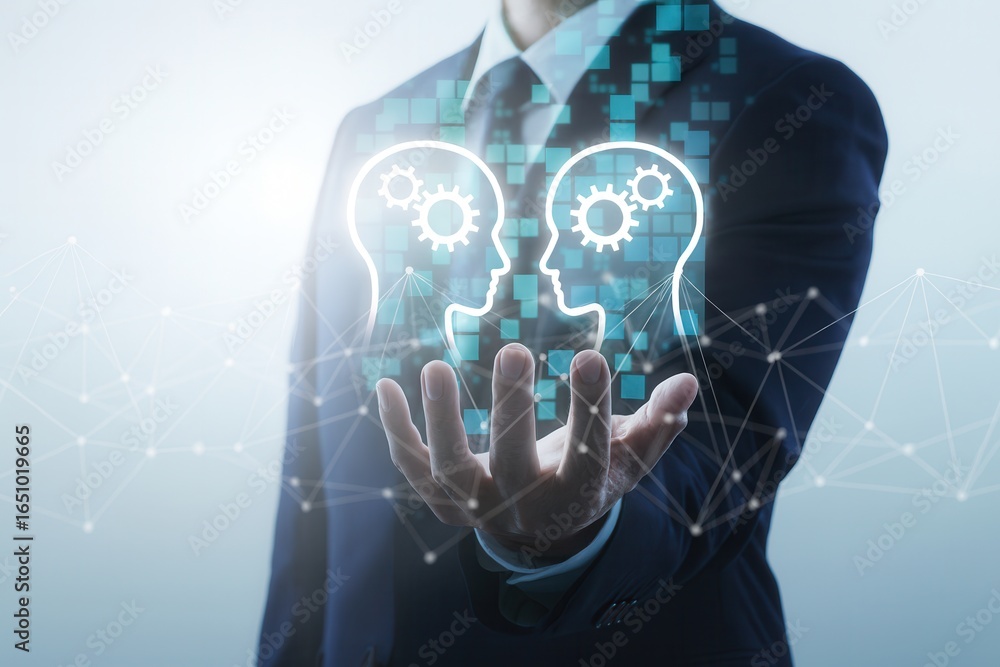 Poster artificial intelligence communication,ai connection between two human heads,technology innovation,de