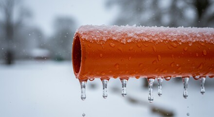 Frozen Pipe and Icicles in Winter - Close-up of an orange pipe covered in snow and ice, with icicles forming and dripping. Winter scene