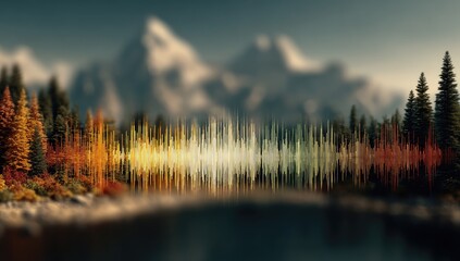 Autumn forest scene with audio waveform overlay.  Mountains and a lake in the background
