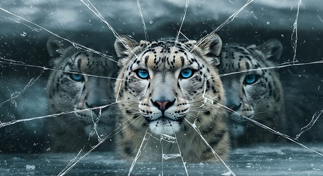 Three snow leopards with piercing blue eyes appear behind a shattered glass surface, creating a striking composition.