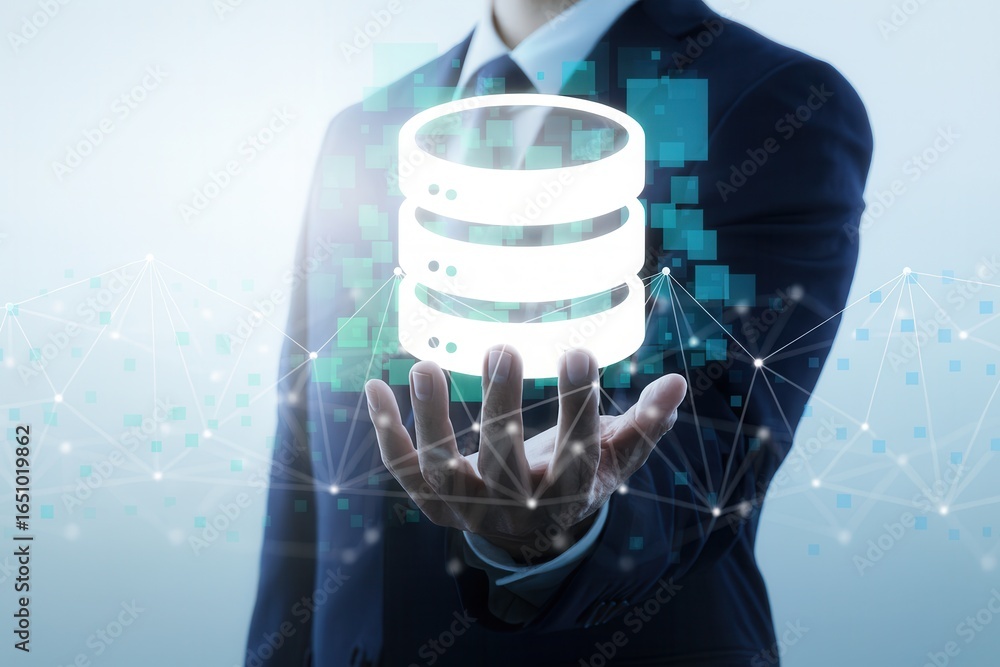 Aufkleber businessman holding glowing database icon,cloud computing,data storage,network security,futuristic i