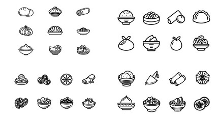 Cute collection of Asian food icons including rice bowls, dumplings, buns, noodles, rolls, and snacks. Playful illustrated set ideal for menus, restaurant branding, and food packaging.