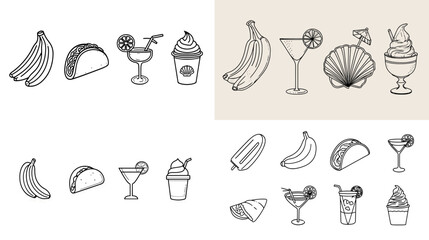 Fun food and drink icon set featuring bananas, tacos, cocktails, smoothies, ice cream, popsicles, and tropical beverages. Playful line art perfect for menus, summer themes, and cafe branding.