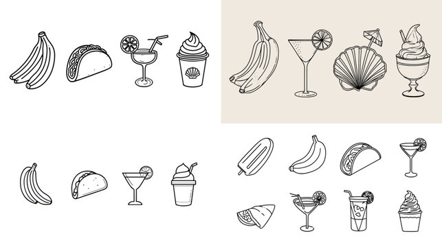 Fun food and drink icon set featuring bananas, tacos, cocktails, smoothies, ice cream, popsicles, and tropical beverages. Playful line art perfect for menus, summer themes, and cafe branding.