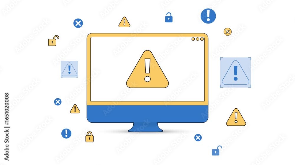 Aufkleber minimalist illustration of a computer monitor with a large warning sign, surrounded by error icons, 