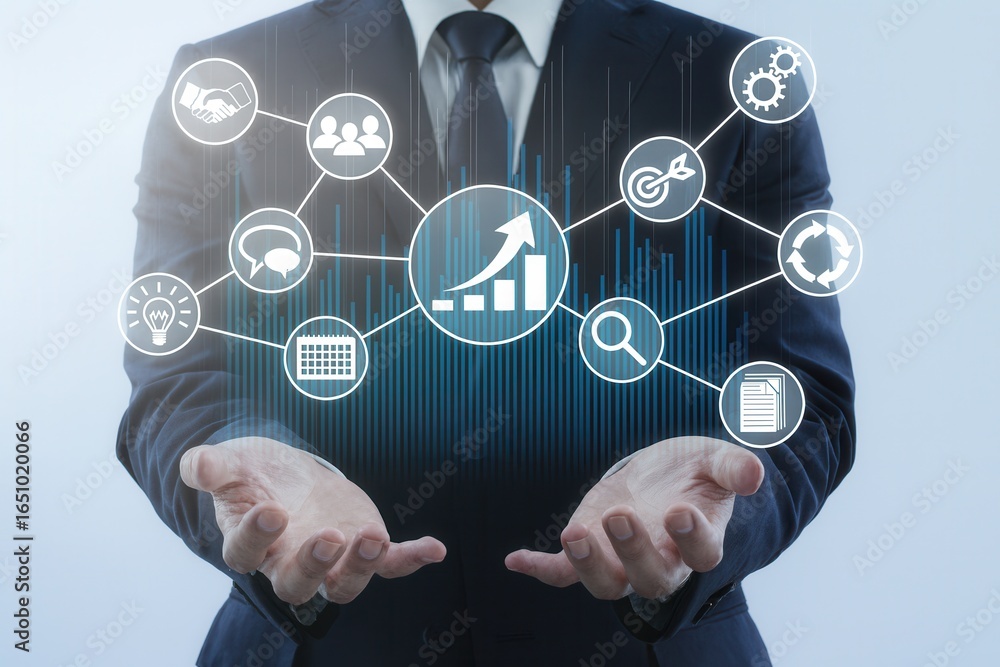 Poster businessman showing future analytics interface with icons,teamwork,strategy,process,performance char