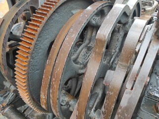 Texture of rusty old mechanism. Old printing press. Museum of book printing. rusty gears. Abstract metal texture