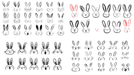 Playful collection of bunny face expressions in hand-drawn style. Cute rabbit icons showing emotions such as happy, sad, excited, and surprised—perfect for stickers, comics, and kids’ designs.