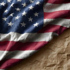 Obraz premium Vintage American flag with faded colors and worn fabric texture on old paper background