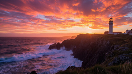 Dramatic sunset over ocean waves with lighthouse on cliffside under vibrant orange and purple sky
