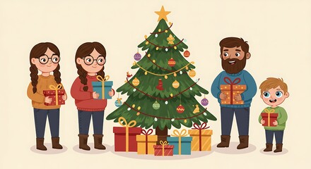 A Family Standing Around A Christmas Tree