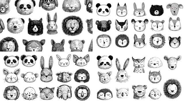 Cute collection of hand-drawn animal faces including panda, lion, fox, bear, rabbit, and more. Charming black-and-white illustration set perfect for children&rsquo;s designs and playful graphics.