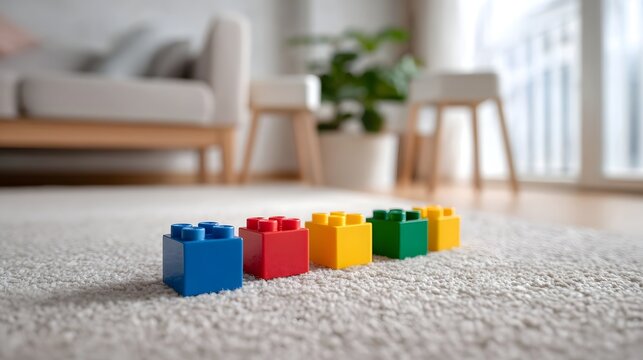 Colorful children s building blocks on a living room carpet