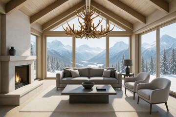 Fototapeta premium Cozy mountain cabin living room with antler chandelier and panoramic snowy forest view through large windows in serene natural lighting concept. Ai generative