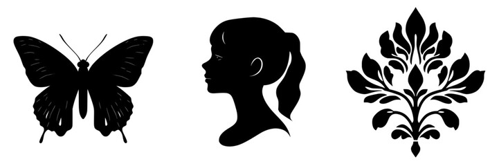 Butterfly silhouette, girl profile, and floral design in black against a white background showcasing artistic shapes and patterns