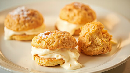 Four cream puffs with vanilla cream filling on a white plate with powdered sugar dusting and a light brown color