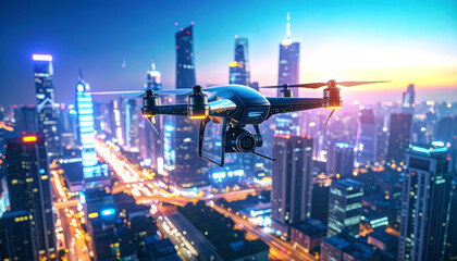 Fototapeta premium Aerial Cityscape with Drone: A cutting-edge drone surveys a modern metropolis at dusk, offering a unique perspective on urban architecture and technology.