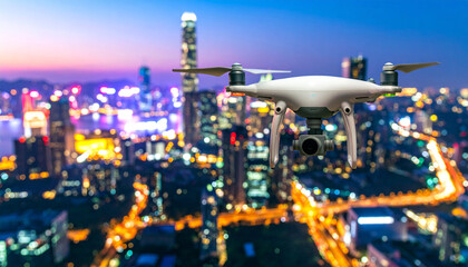 Drone Captures City Skyline: A drone soars through the twilight, offering a unique perspective of a bustling cityscape at dusk, highlighting urban development and technological advancement.