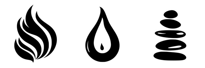 Symbols of fire, water, and earth representing natural elements in a minimalist design