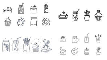 Cute hand-drawn food doodle set featuring desserts, drinks, bread, pastries, cookies, and jars. Simple, playful icons perfect for packaging, stickers, menus, and children’s designs.