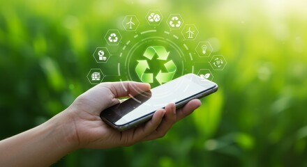 Green Tech Mobile App for Sustainability - Hand holding smartphone displaying eco-friendly app interface with recycling and sustainability icons. Green background