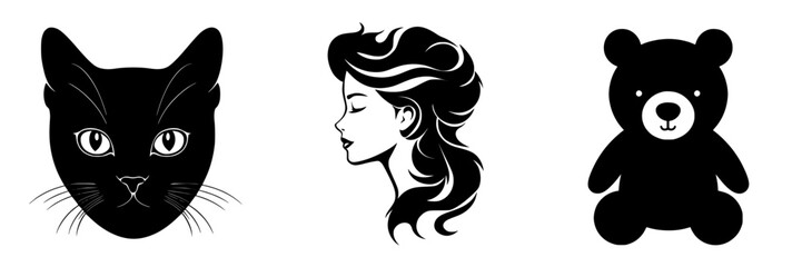 Unique black cat, silhouette of a woman, and bear illustration showcase diverse artistic styles and themes