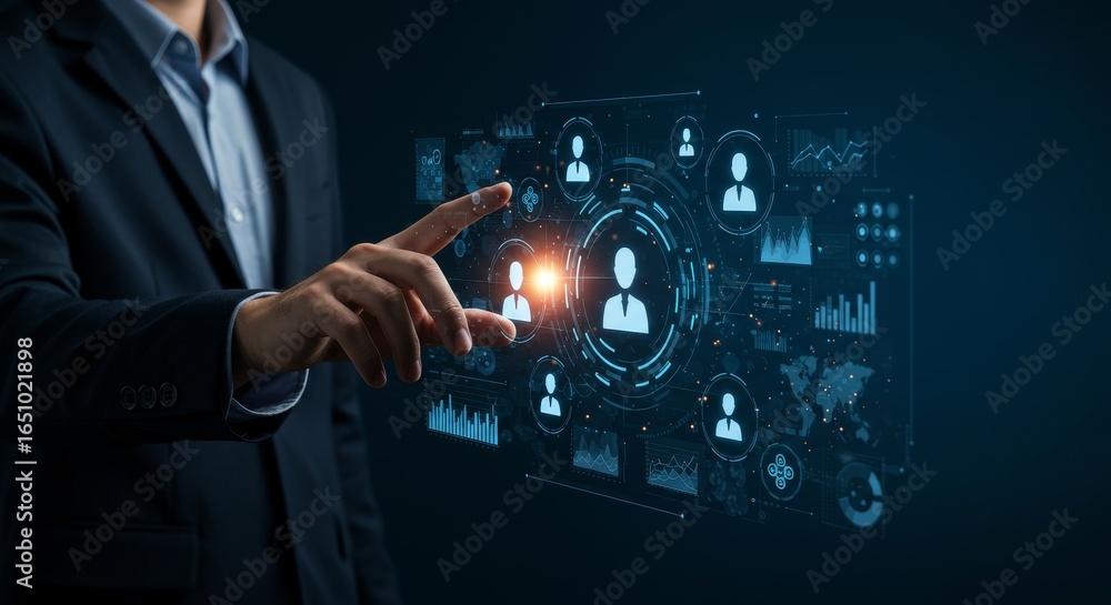 Poster human resource management system - businessman interacts with a holographic interface displaying dat