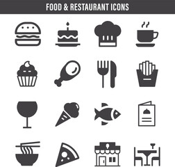 Flat black food and restaurant icon set vector illustration, dining, kitchen, fast food, drink, cutlery, cooking, cafe, menu, delivery, and culinary symbols collection