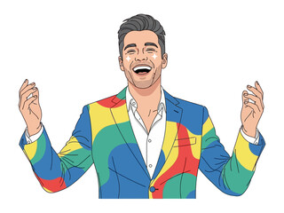 Obraz premium Joyful Vibrant: A charismatic individual bursts with joy, showcasing a fashionable, brightly colored suit, his laughter echoing through the scene in a stylish illustration.