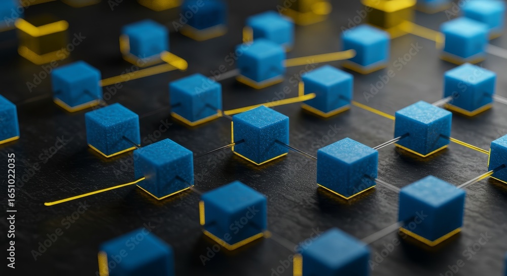 Poster interconnected blue and yellow cubes network - abstract representation of data flow, network connect