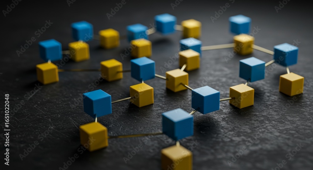 Poster interconnected cubes network - abstract of blue and yellow cubes linked together, representing netwo