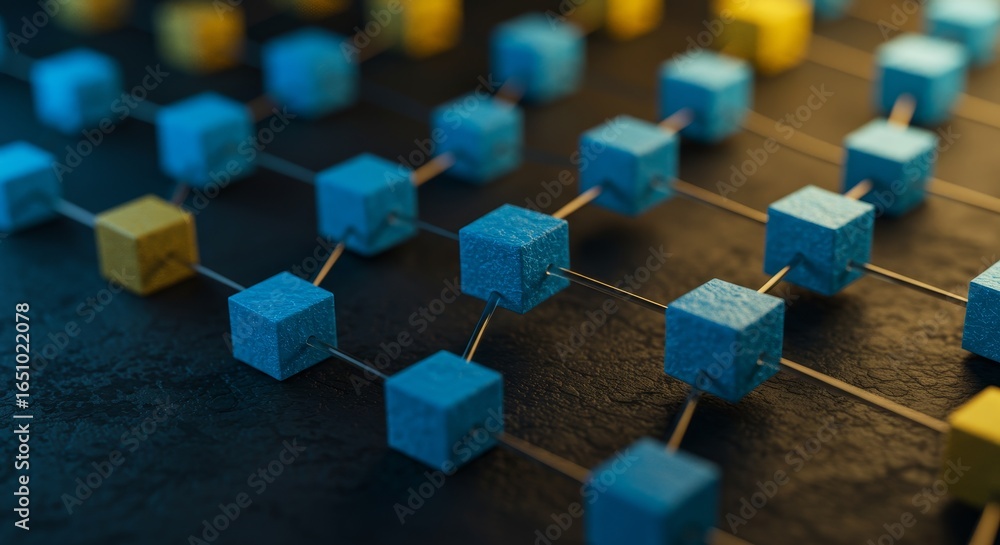 Poster interconnected cubes network structure - abstract of blue and yellow cubes connected by thin wires, 