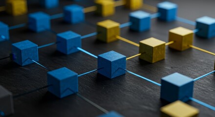 Interconnected Cubes Abstract Network - Abstract of blue and yellow cubes linked together, symbolizing network, connection, technology, innovation, and collaboration