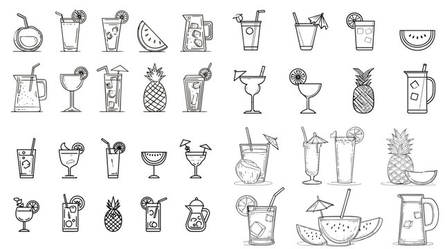 Hand-drawn tropical drink and cocktail illustration set featuring pineapple drinks, juices, margaritas, smoothies, and fruity beverages. Great for summer menus, cafes, bars, and branding.
