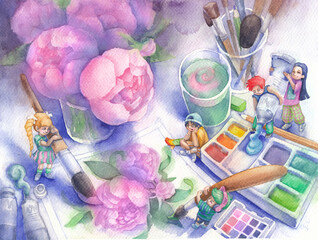 Watercolor scene with a tiny artists painting a peony bouquet