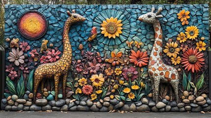Naklejka premium Colorful giraffe mural with mosaic patterns sunflowers birds and butterflies against blue stone sky in vibrant outdoor relief