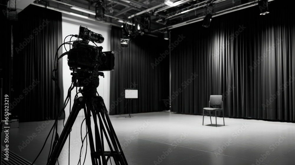 Aufkleber a professional video setup featuring a camera focused on an empty chair in a studio environment