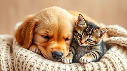 Golden retriever puppy and tabby kitten snuggled together on a soft knitted blanket.